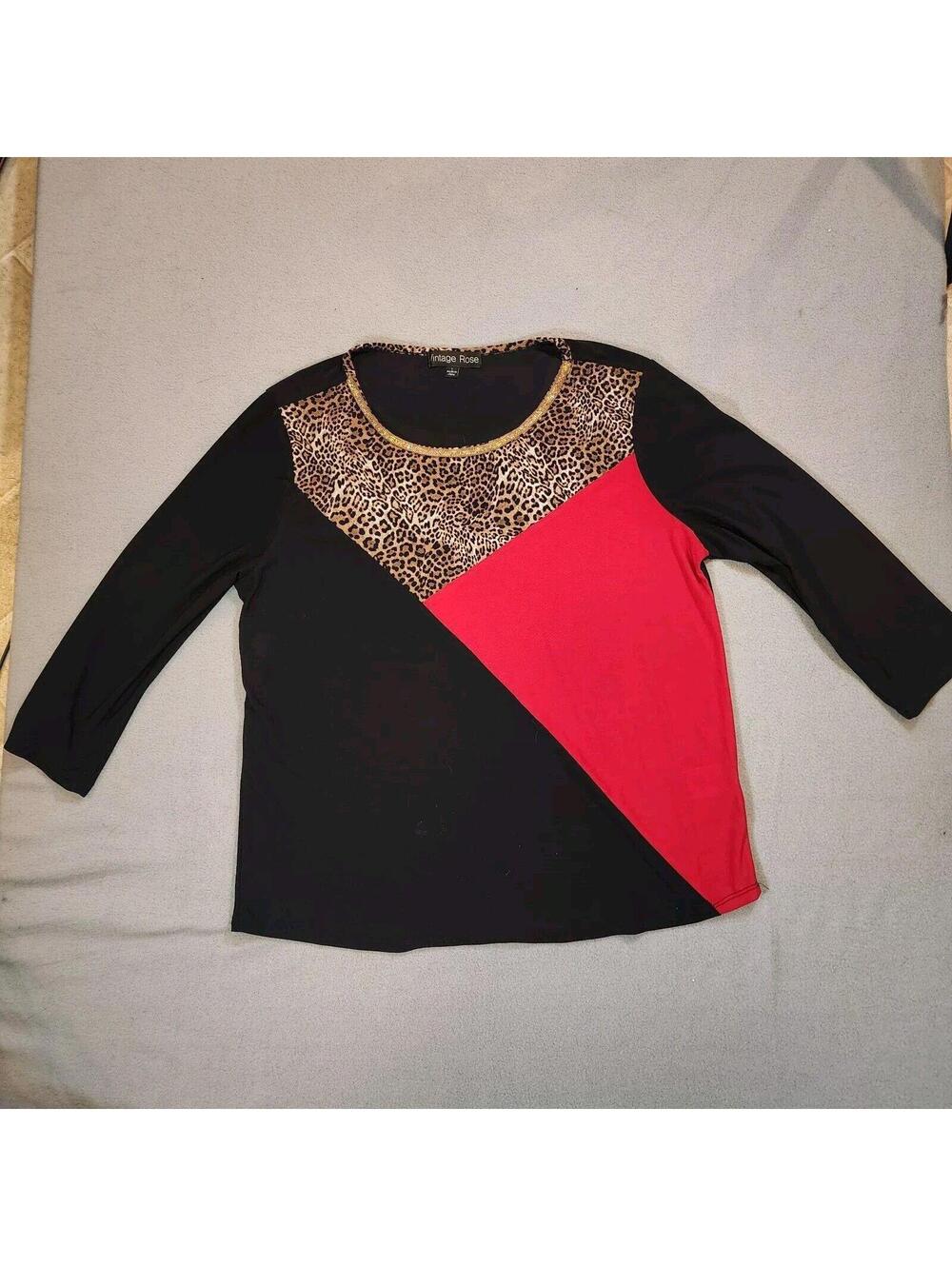 Vintage Rose Colorblock Blouse Leopard Black Red Beaded Trim Mob Wife Large